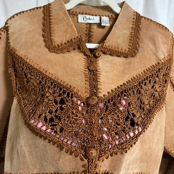 Vintage Y2K Carducci 100% Suede Crocheted Jacket Tan Brown Boho Western  Medium - Picture 12 of 14